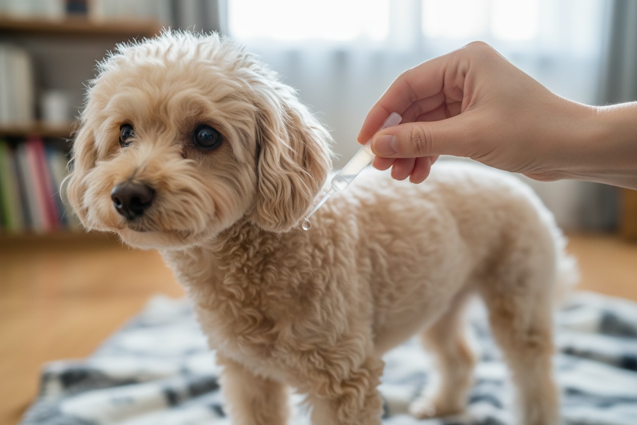 applying spot-on flea treatment to dog.